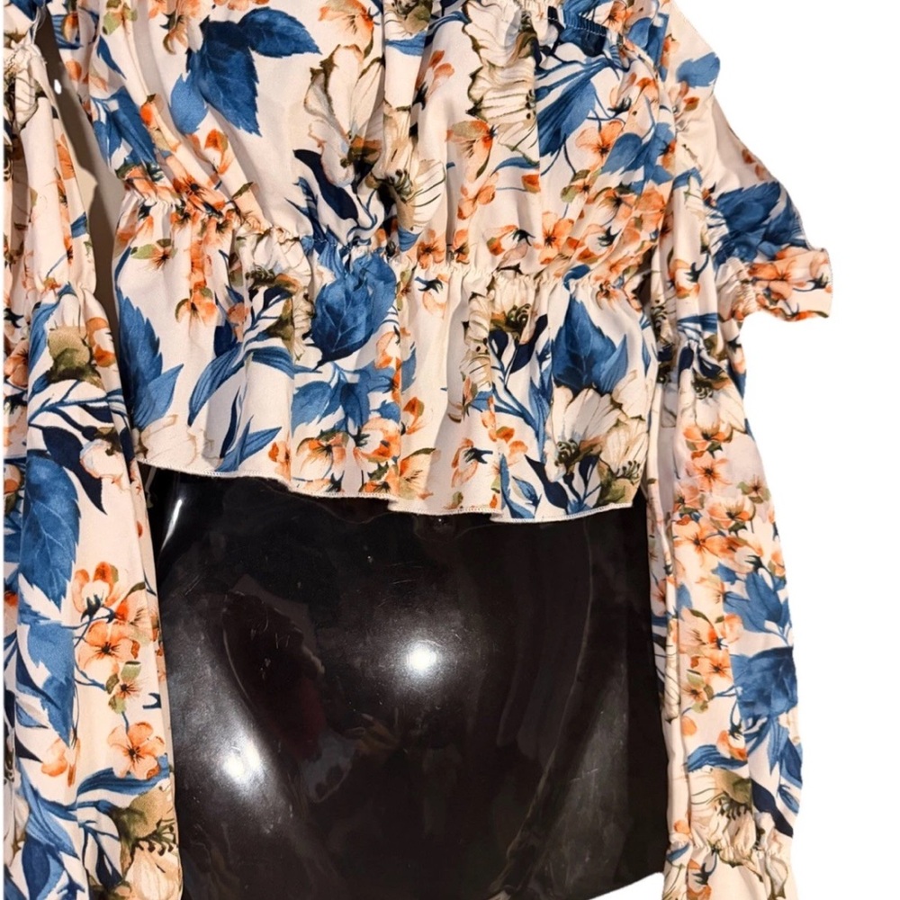 SHEIN Cream Floral Off-Shoulder Crop Top with Blue and Orange Print